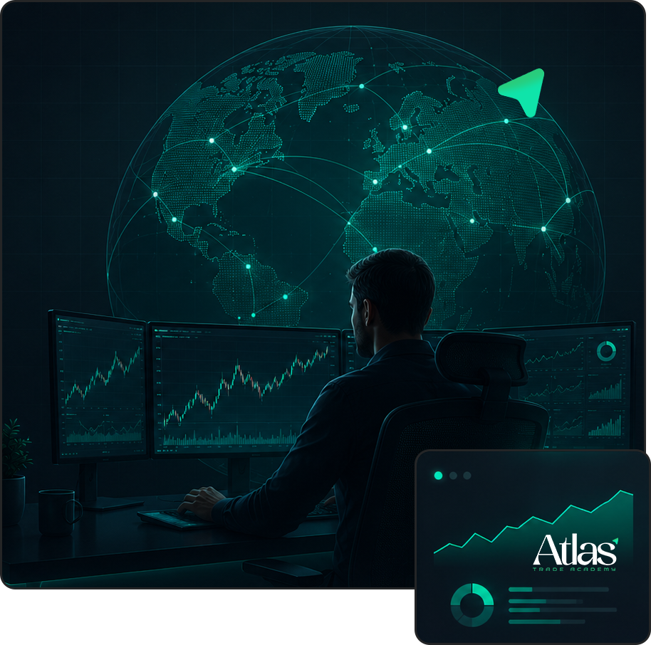 Trader analyzing market charts on multiple monitors, with a digital globe connected in the background and the Atlas Trade Academy card