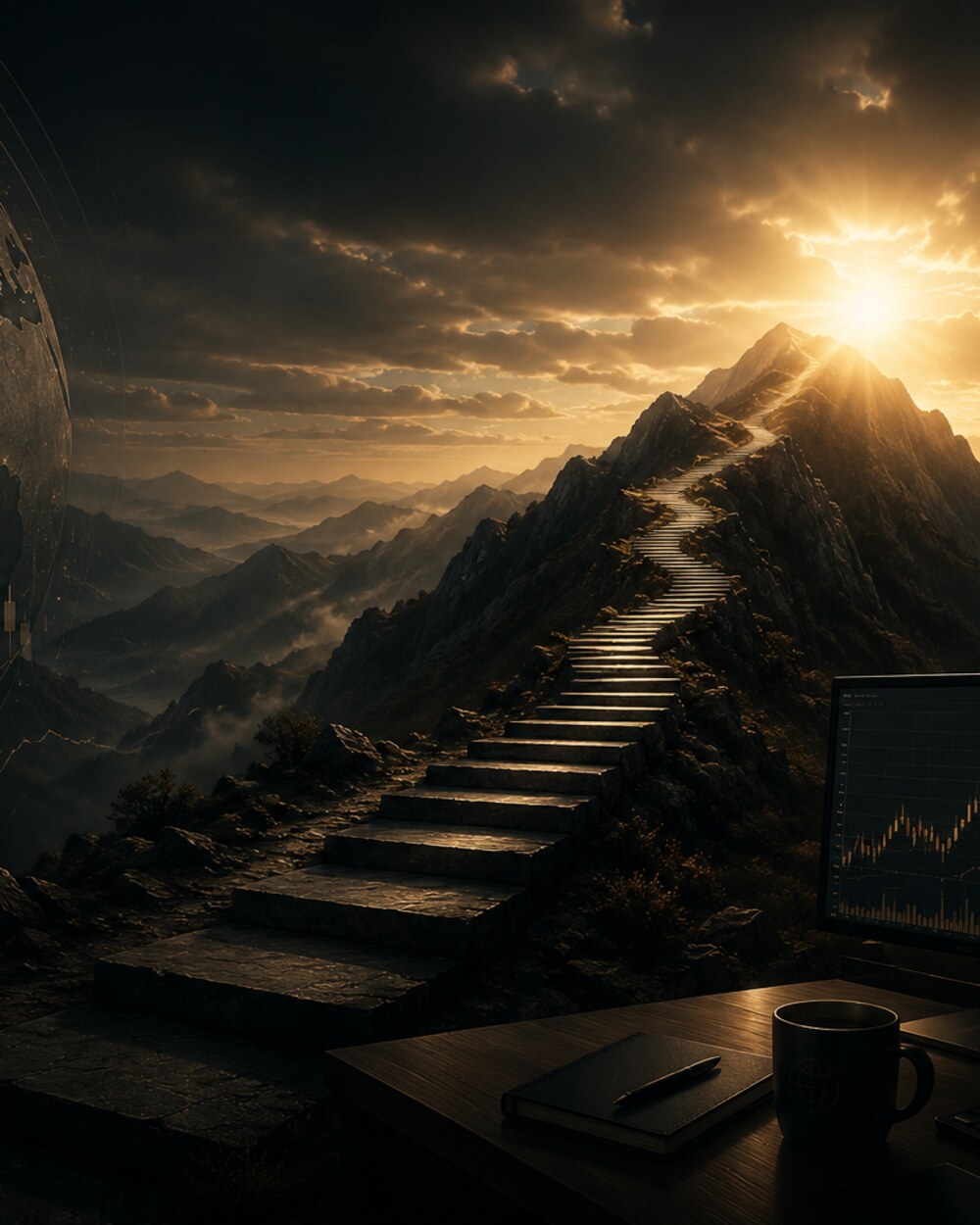 Stone trail climbing toward a mountain peak at sunrise, symbolizing the trader's journey of growth